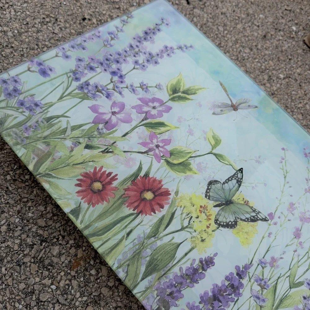 Large Floral Glass Tray‎ Butterfly Serving Platter Home Decor